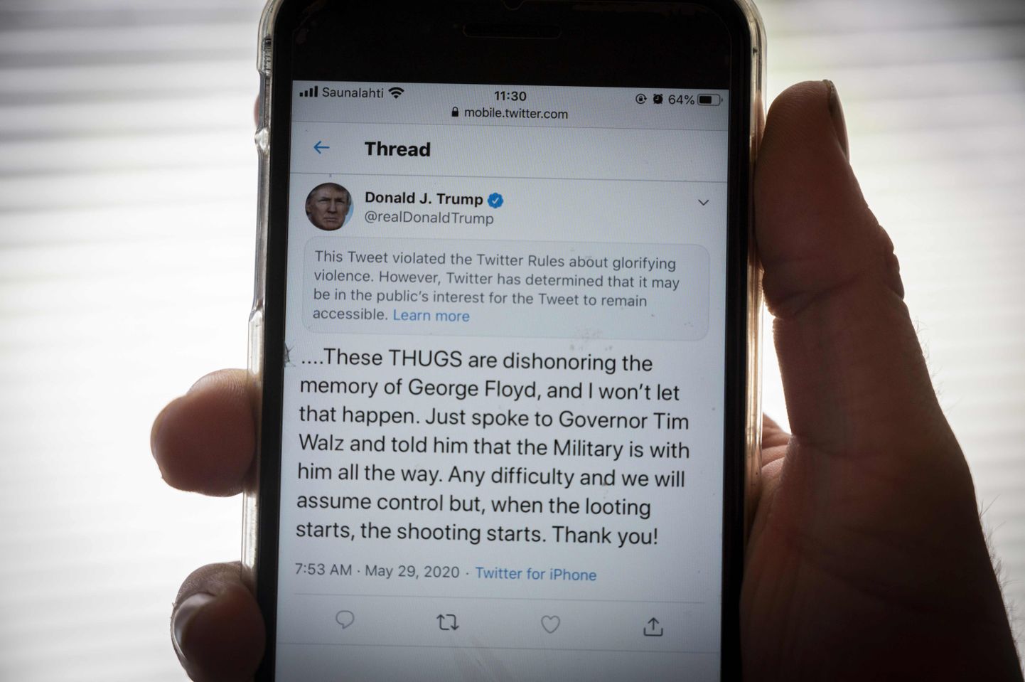 Donald Trumpi säuts, mis Twitteri teatel oln vägivalda ülistav