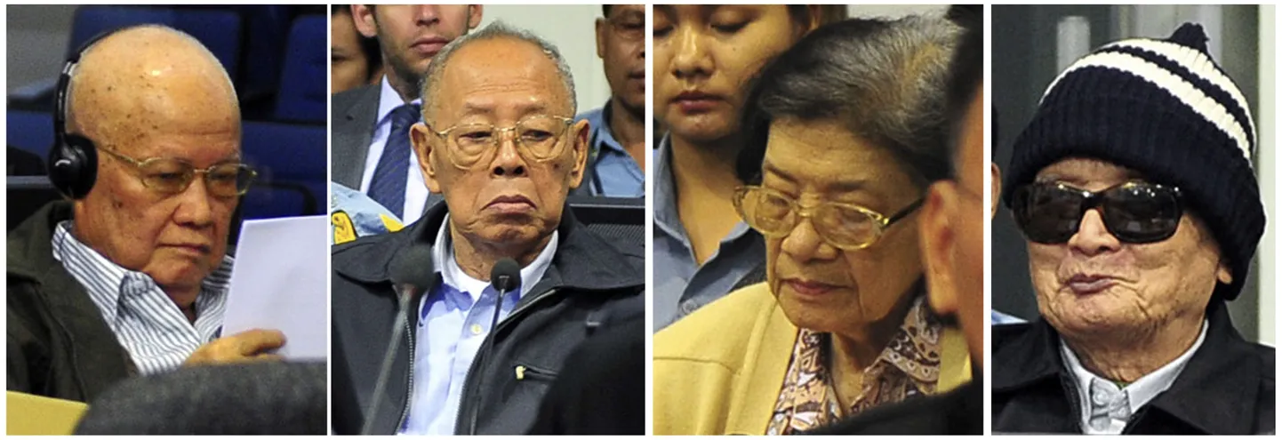Kohtualused vasakult paremale: endine president Khieu Samphan, endine välisminister Ieng Sary, endine sotsiaalminister Ieng Thirith ja «Vend number kaks» Nuon Chea.