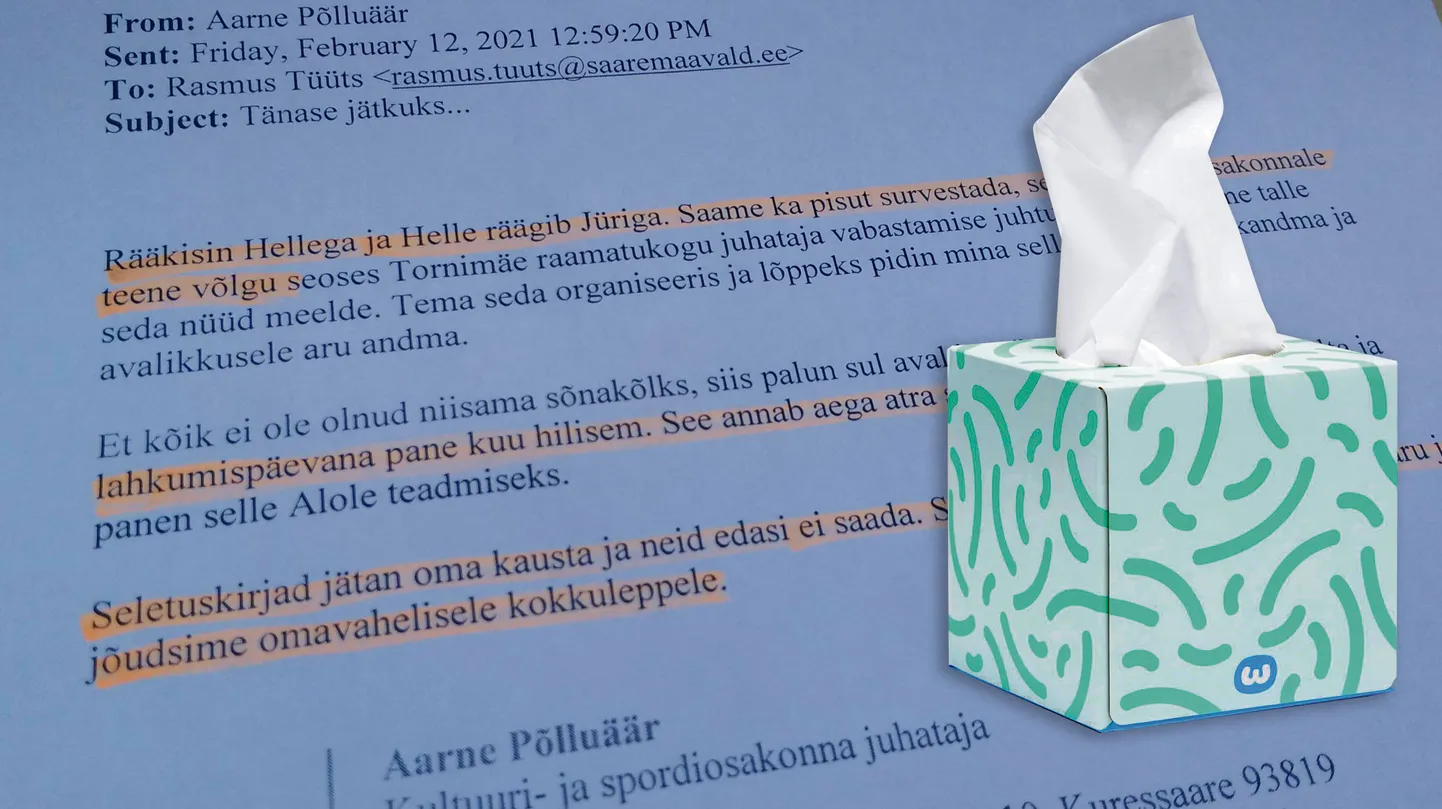 KABINETIS SÜNDINUD: “Saame survestada”, “teene võlgu”, “tuletame meelde” on vaid mõned küsitava tonaalsusega sõnapaarid Aarne Põlluääre kirjast Rasmus Tüütsile.
Kui uskuda Saaremaa vallavalitsuse raamatupidamisele toodud tšekke, siis kulub vallamajades palju salvrätikuid.