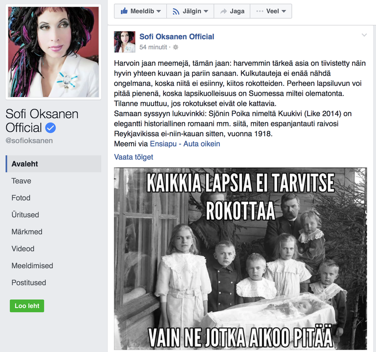 Soome kirjanik Sofi Oksanen jagas meemi, mis toetab laste vaktsineerimist