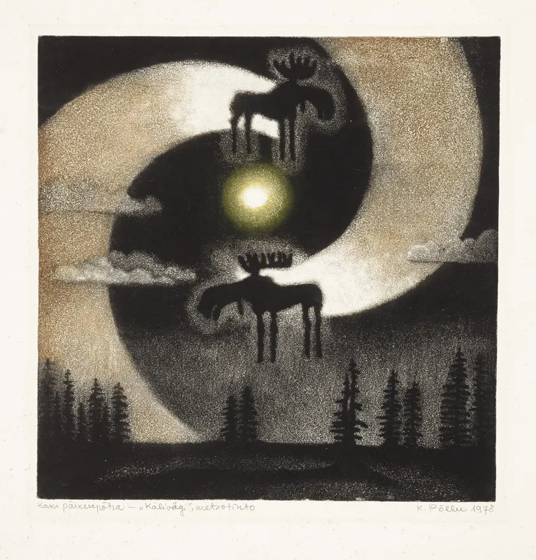 Kaljo Põll. Kaks päikesepõtra. Sarjast «Kalivägi». 1978. Värviline metsotinto, paber