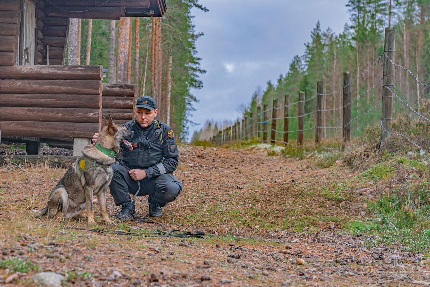 Финский пограничник с собакой на границе с устаревшим забором.