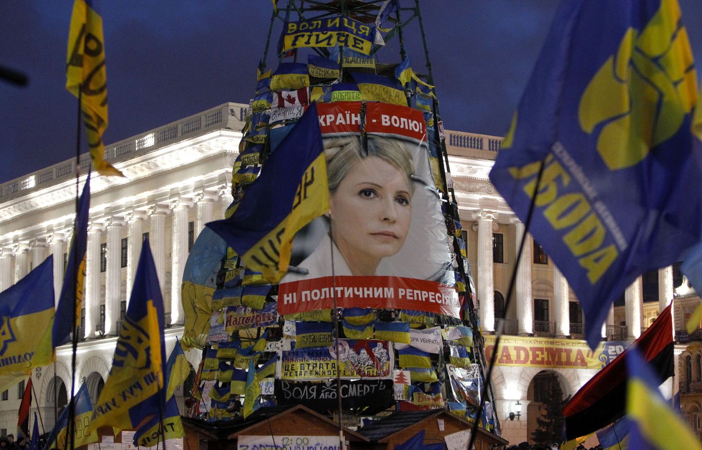 Julia Tõmošenko portree Kiievis Iseseisvuse väljakule püstitatud kunstlikul nääripuul.