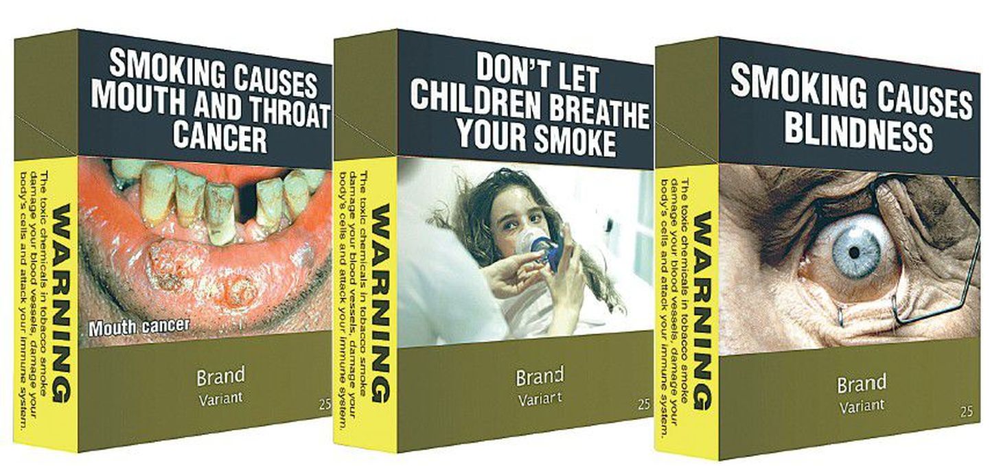 Новые упаковки: «Курение вызывает рак ротовой полости и горла», «Не давайте детям дышать дымом», «Курение вызывает слепоту».