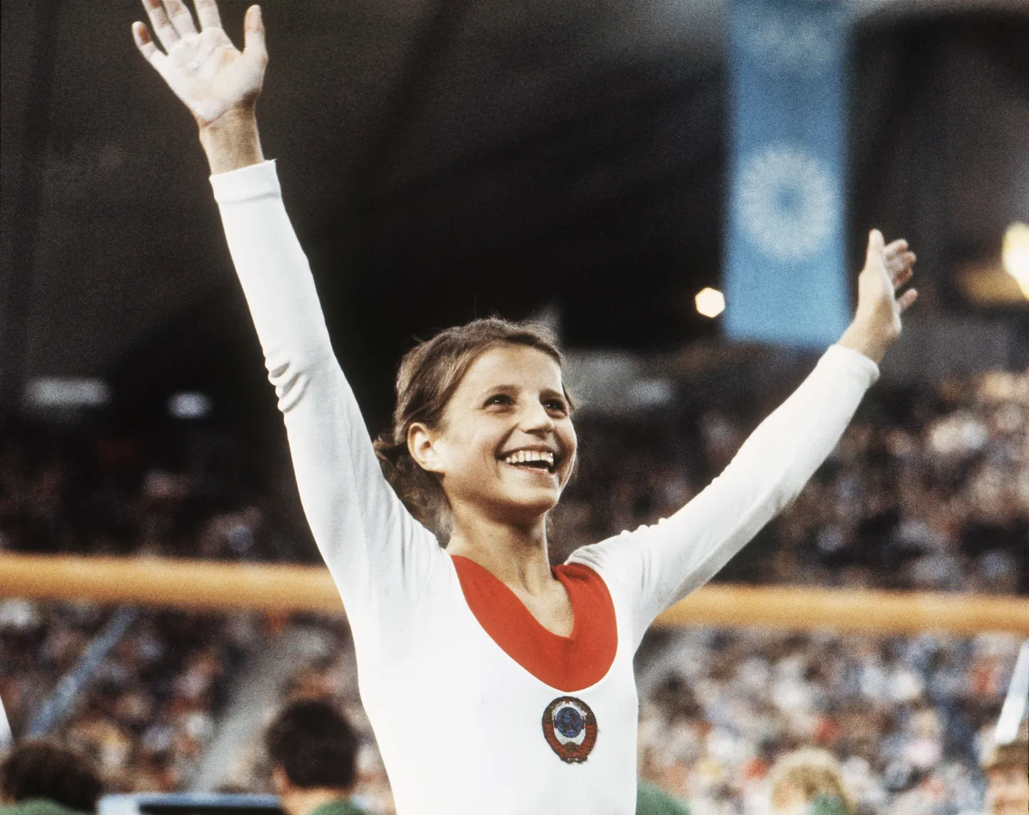 Olga Korbut tähistab 1972. aastal Münchenis olümpiavõitu.