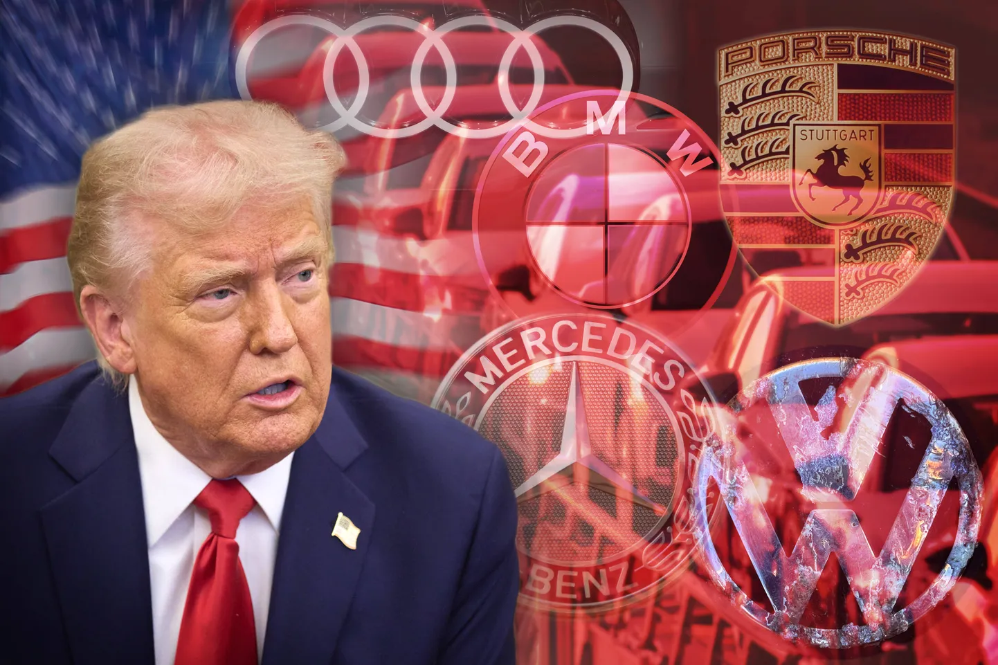 Fotomontaaž: USA president Donald J Trump ja Euroopa autotootjad