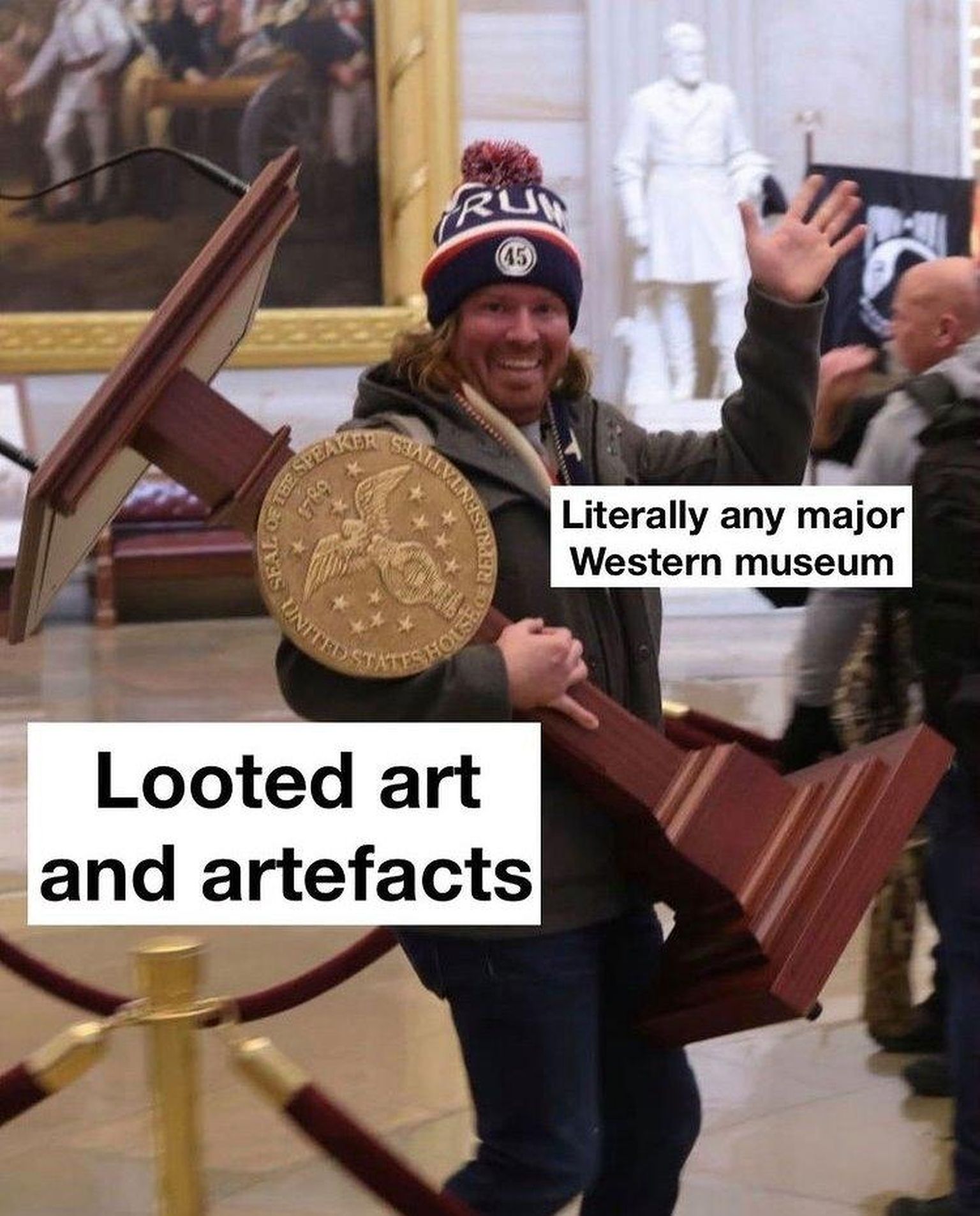 Internetimeem, mis ironiseerib korraga kunsti­muuseumite ja USA poliitika üle.