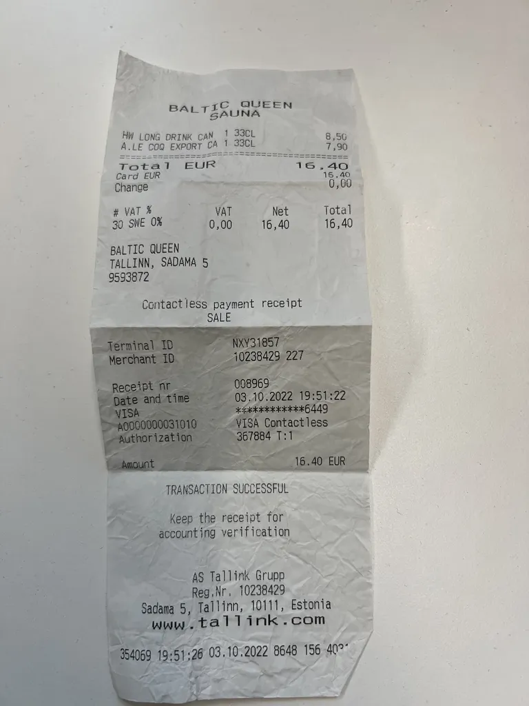 Чек с парома Tallink