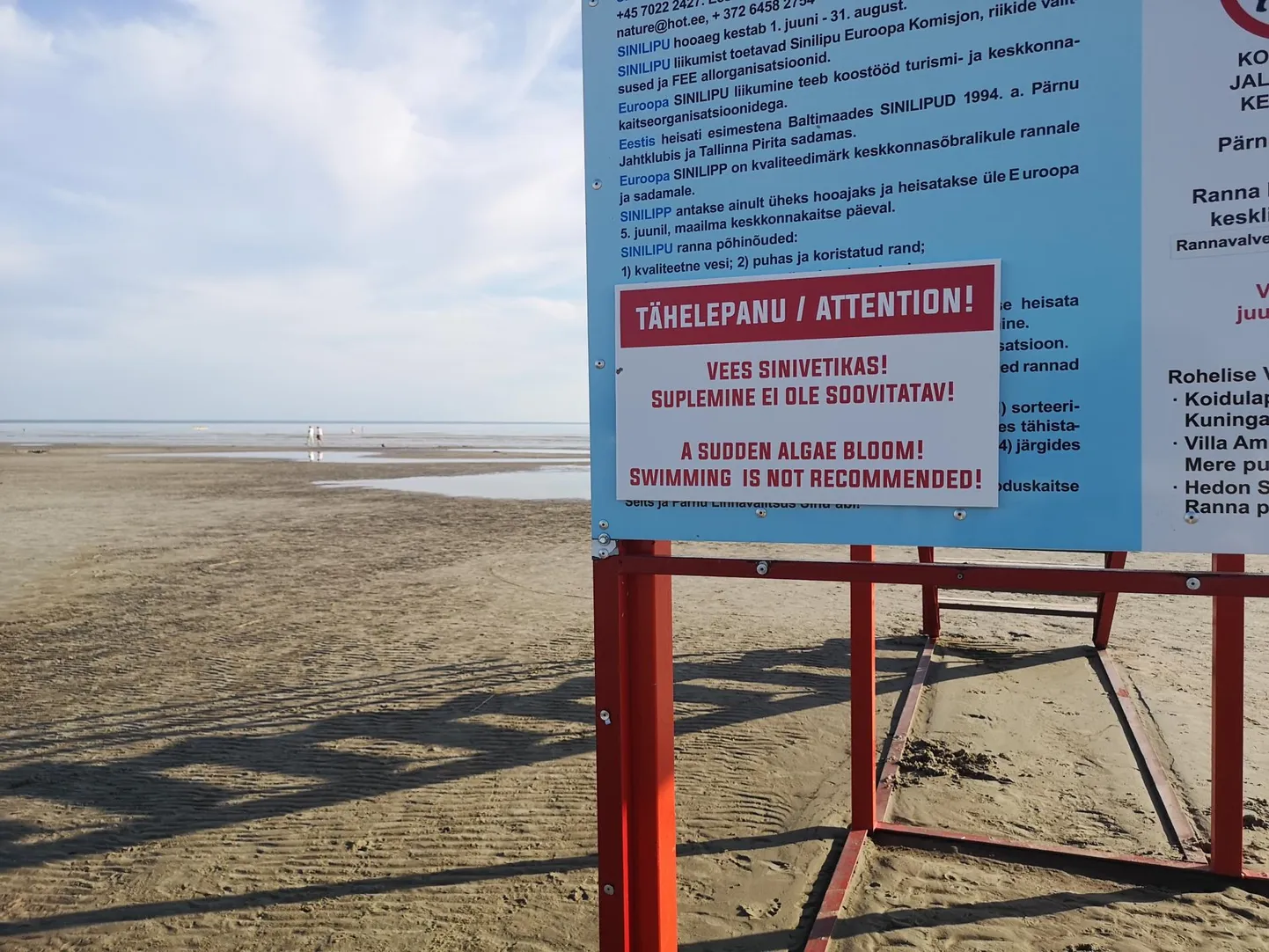 Pärnu supelrandadesse paigaldati eelmisel nädalal sinivetikate eest eesti- ja ingliskeelsed hoiatussildid.