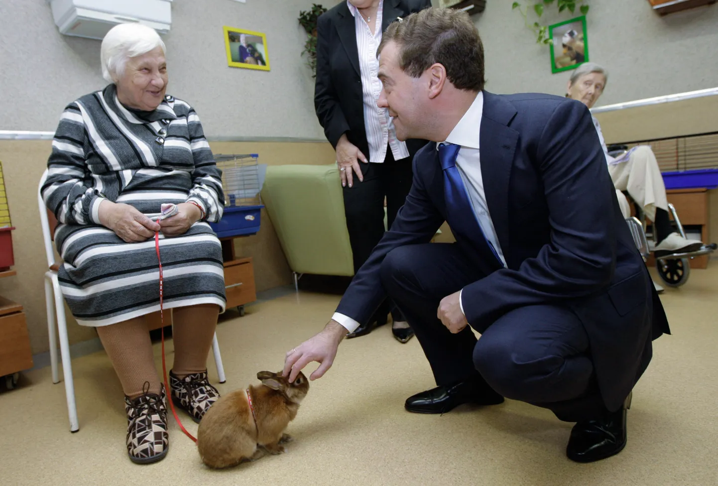 Dmitri Medvedev 2010. aastal puhkekodus küülikut silitamas ja tööveteraniga vestlemas.