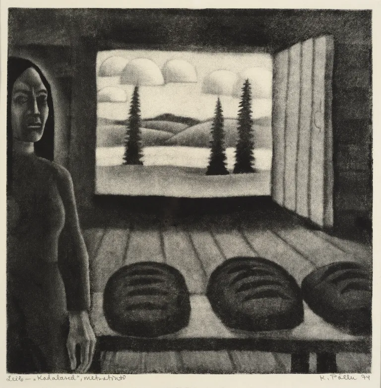 Kaljo Põllu. Leib. Sarjast «Kodalased». 1974. Metsotinto, paber. Eesti Kunstimuuseum