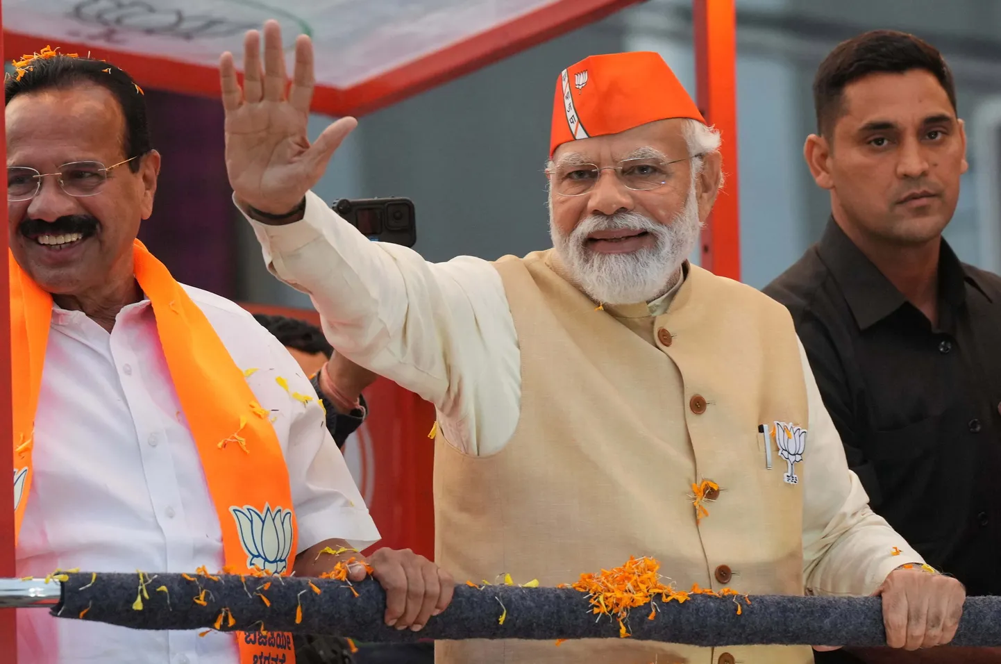 India peaminister Narendra Modi Bharatiya Janata partei juhina Karnataka osariigis Bangalores sealse seadusandliku kogu valimiskampaania üritusel aprillis 2023. Mais toimunud valimistel Karnatakas saatis edu siiski Kongressiparteid.