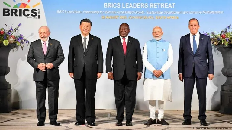 Лидеры Бразилии, Китая, Южной Африки и Индии, а также заменявший Владимира Путина на саммите БРИКС глава МИД РФ Сергей Лавров