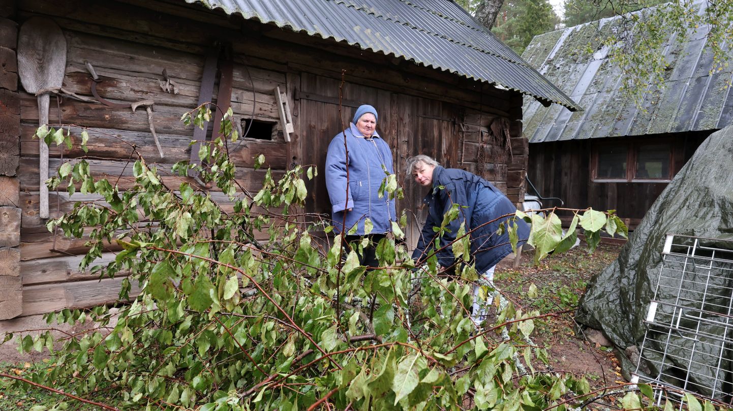 Deila Vosmi (paremal) lohistas tormituules murdunud kirsipuu oma ämma Milvi Vosmi murult minema, kuid suurem mure on naiste jaoks puuduv elektrilevi, mis lubati taastada juba enam kui 12 tundi tagasi.
