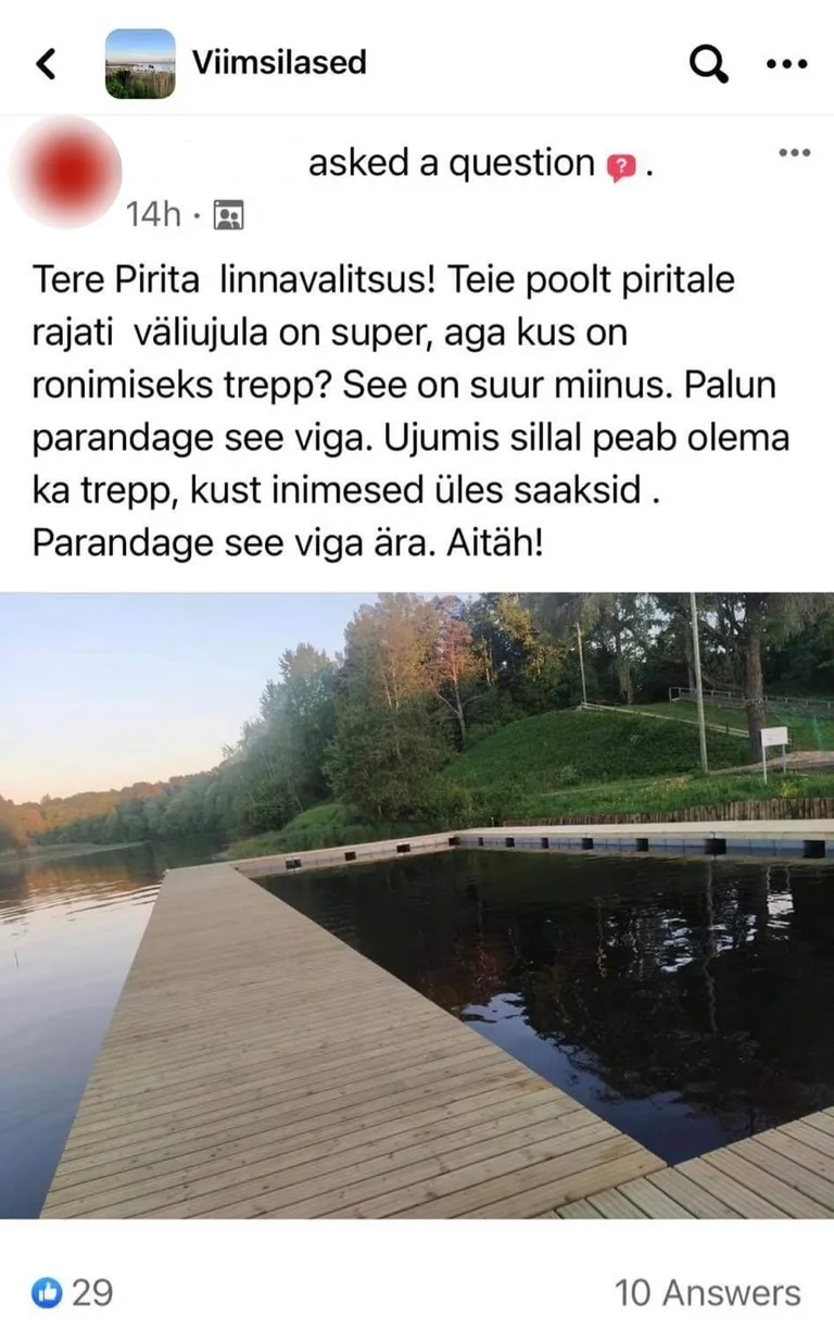 Kodanik tundis muret, et Pirita väliujulal puudub trepp.