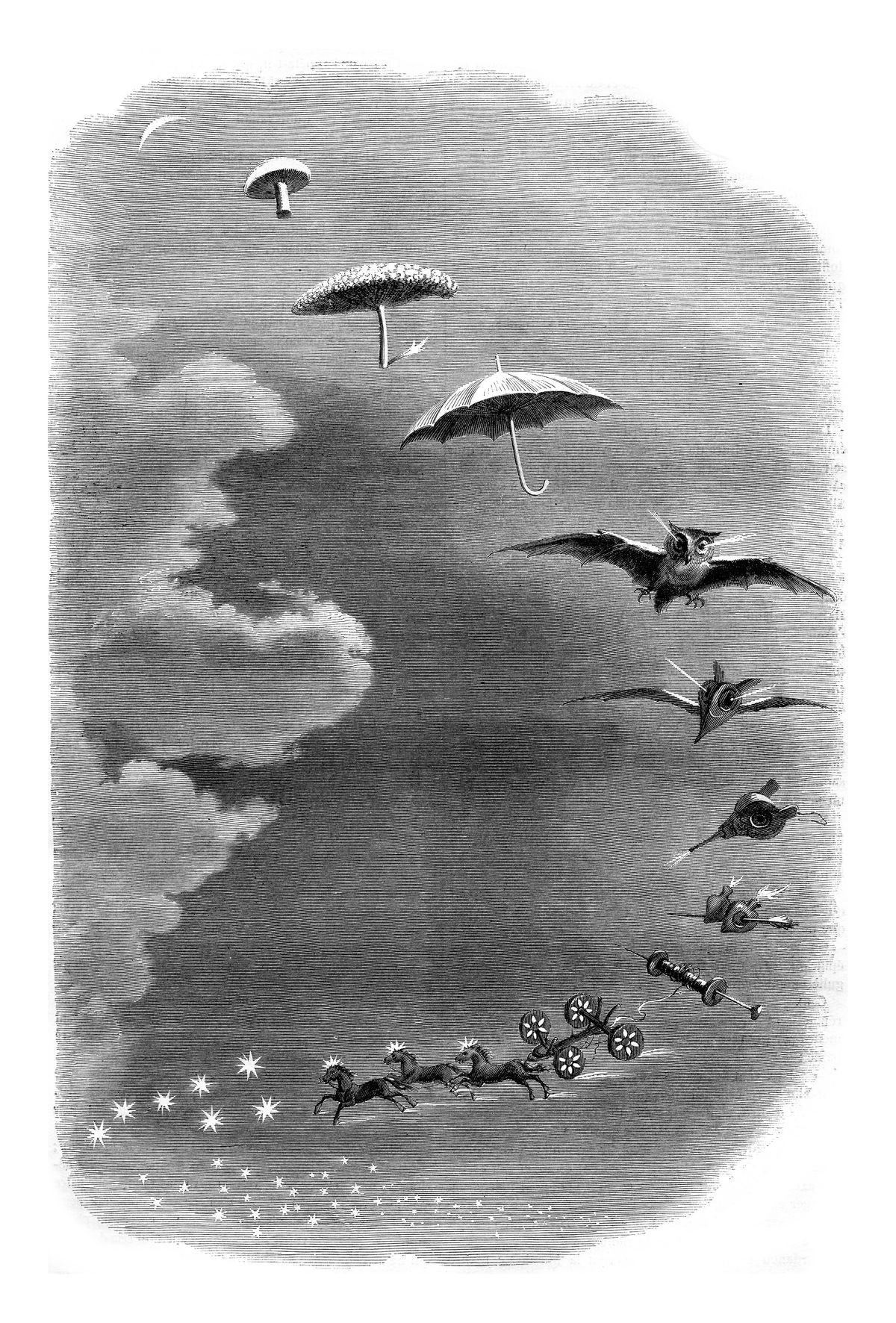 "Otrais sapnis. Pastaiga debesīs". Gravīra franču žurnālā Magasin Pittoresque, 1847