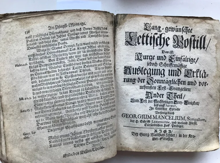 Georga Matiasa Nellera 1699. gadā iespiestais Georga Manceļa darbs "Ilgi gaidītais latviešu sprediķu krājums".