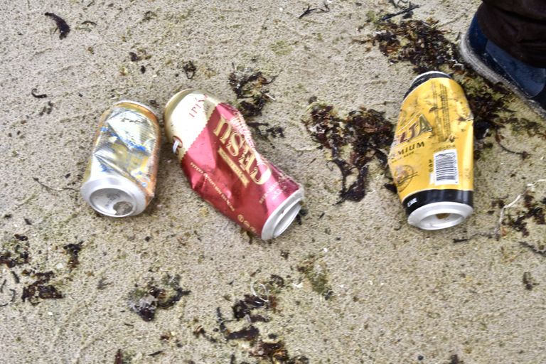 Больше всего остается на пляжах пустой тары - жестянок, пластиковых бутылок, стекла, продуктовых упаковок