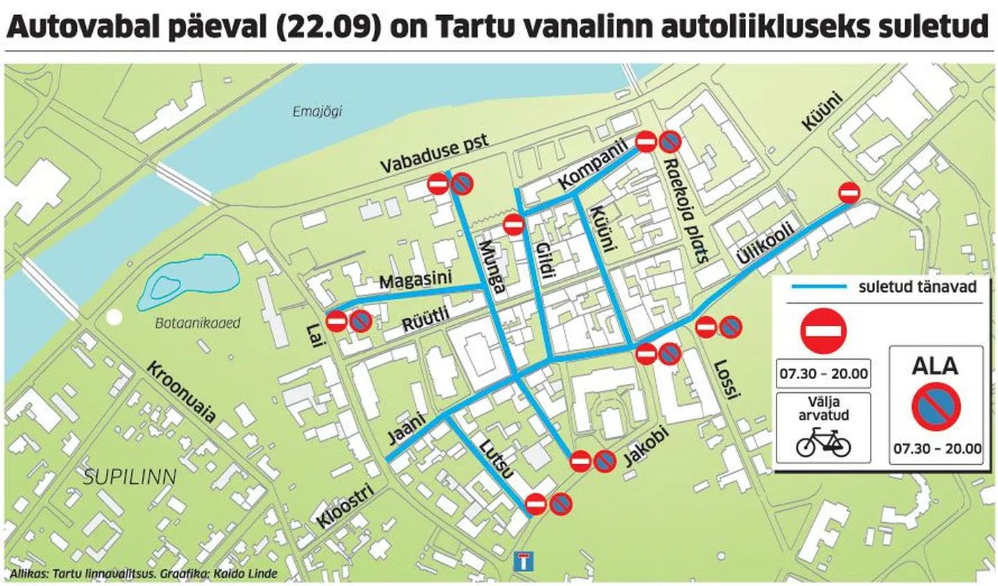 Autovabal päeval (22.09) on Tartu vanalinn autoliikluseks suletud.