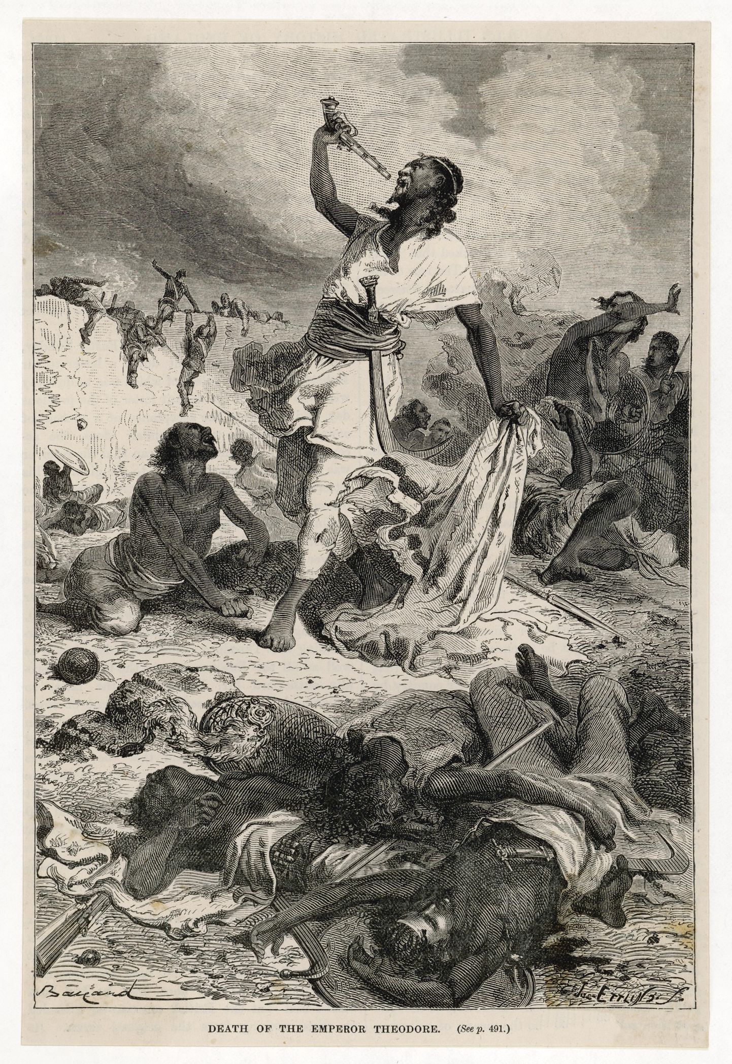 Joonistus sellest, kuidas brittidele lahingus alla jäänud Etioopia keiser Tewodros II sooritas 1868. aastal enda vangi andmise vältimiseks enesetapu.