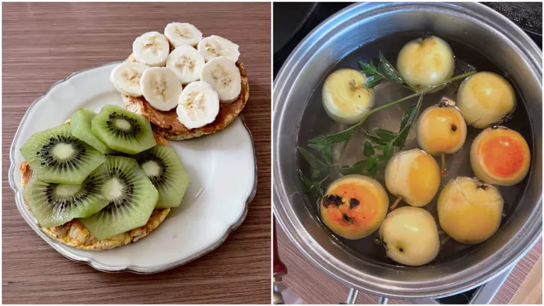 Riisigaletid maapähklivõi, kiivi ja banaaniga ning suvilast korjatud õunad.