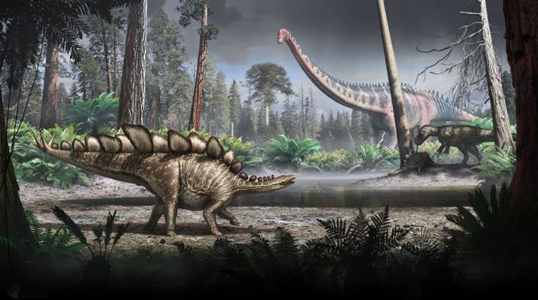 Illustratsioon Londoni loodusloomuuseumist — esiplaanil stegosaurus.