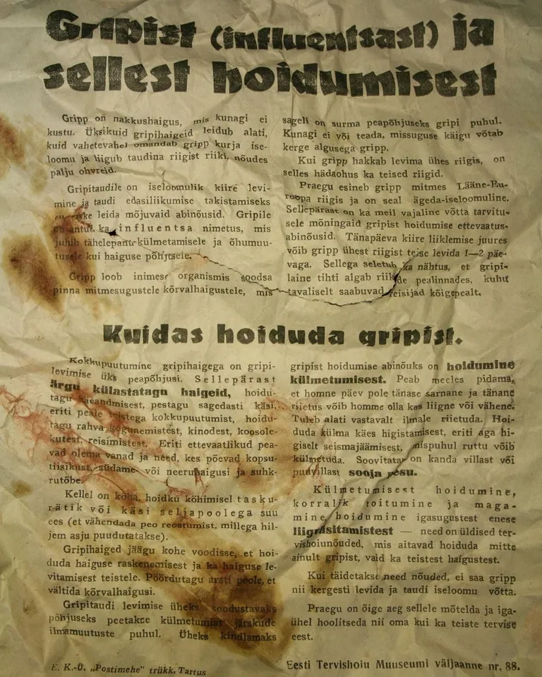 Ühest Otepää luustiku hoiustamiseks kasutatud puust kastist tuli luude vahelt kokkukägardatult välja lendleht aastast 1936 või 1937, mis õpetab gripist hoiduma.