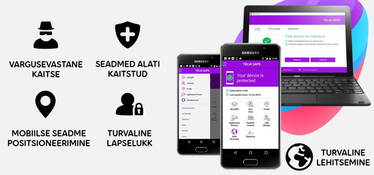 Telia SAFE tagab turvalise internetiühenduse ja automaatsed uuendused. Võimalus kasutada kõnede filtrit ja teha äppide turvalisuse kontrolli.