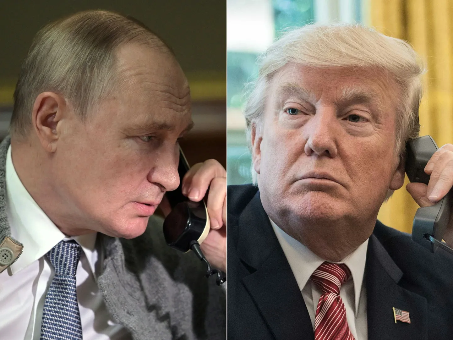 Дональд Трамп (справа) и Владимир Путин разговаривают по телефону.
