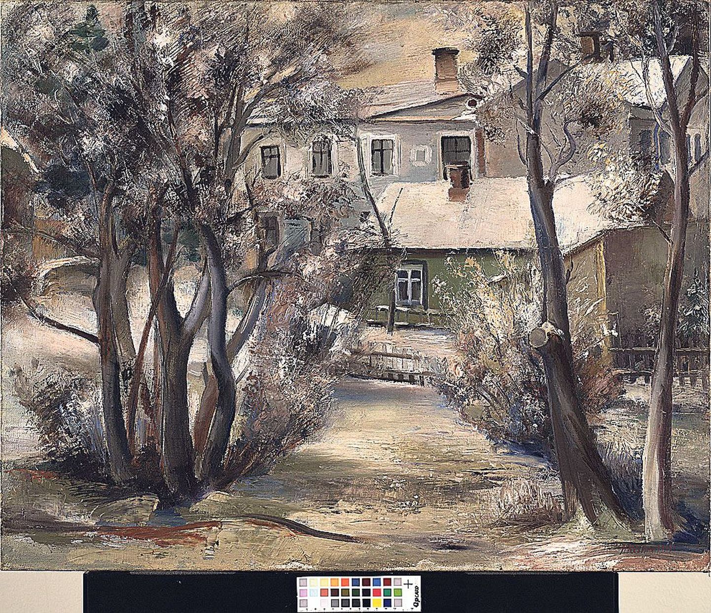 Albert Kesner on oma maalil aastast 1937 kujutanud pargipuid ja elumaju.