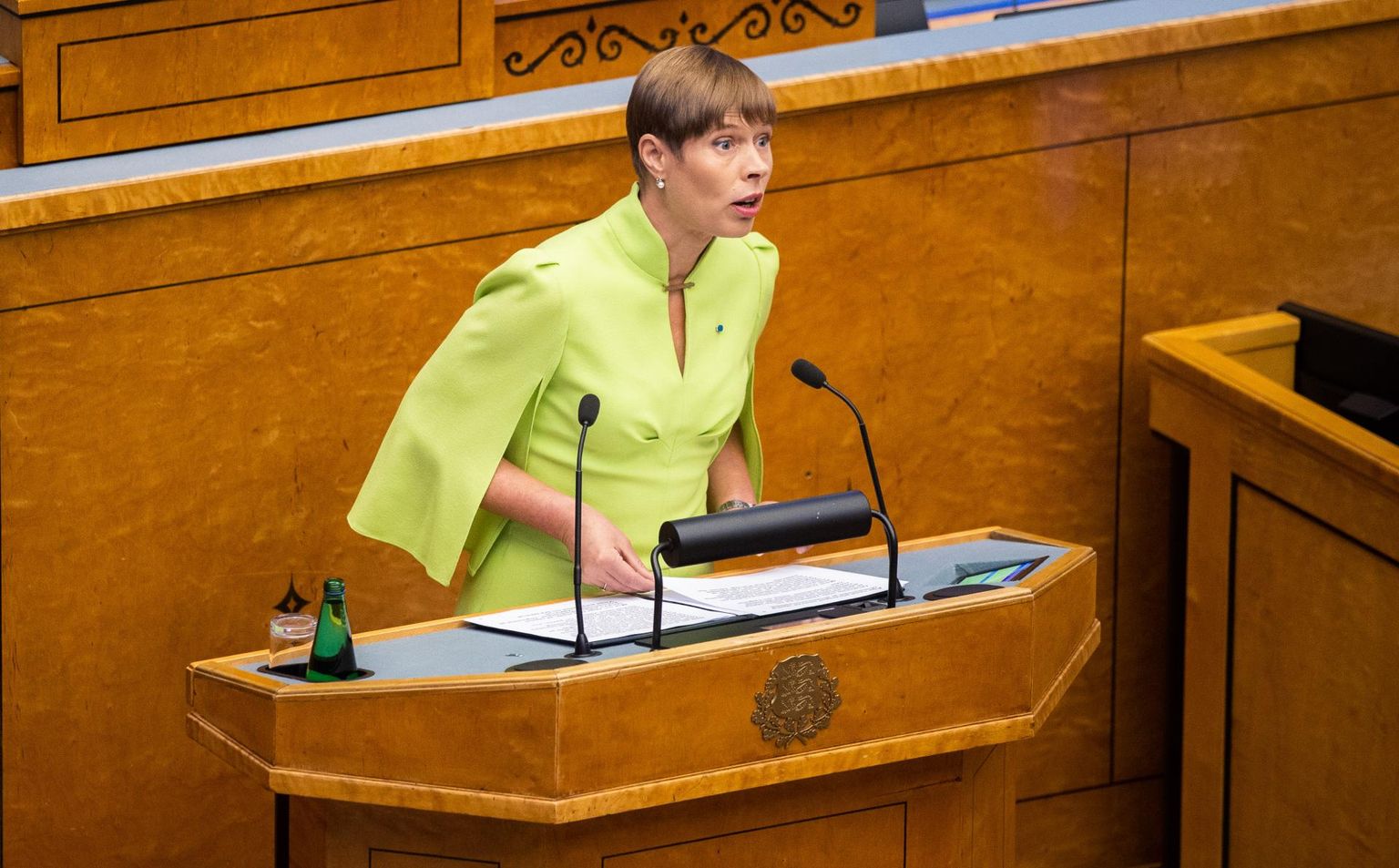 President Kersti Kaljulaid riigikogu kõnepuldis.