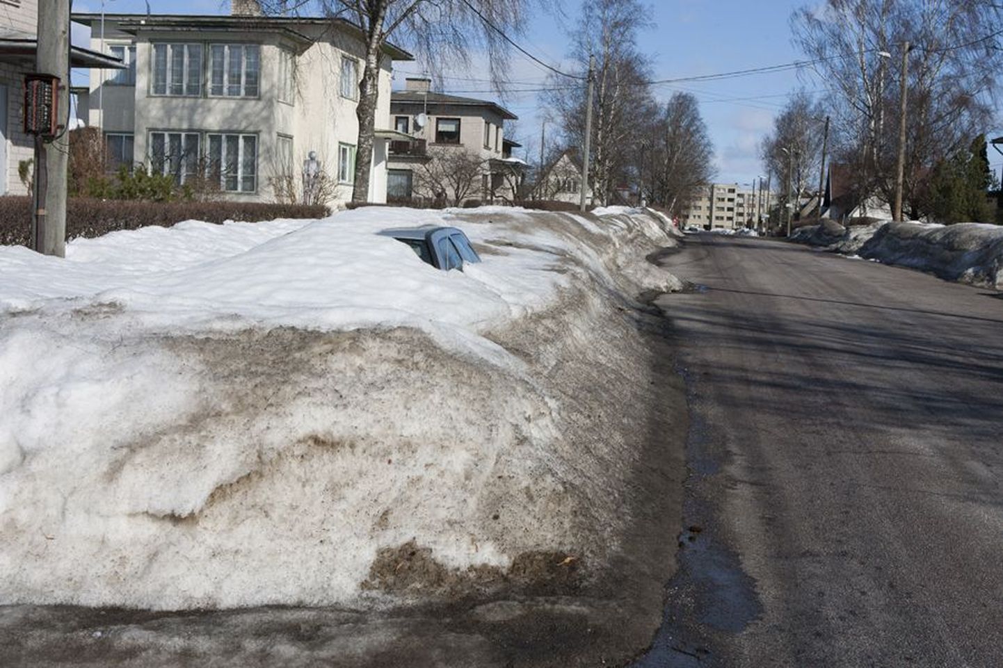 Ülesanne vaatajale: leia linnatänavalt auto! Õnneks pole lumesahk seda sõidukit Põhja puiesteelt minema pühkinud ja nüüd sulab neljarattaline omaniku rõõmuks välja.