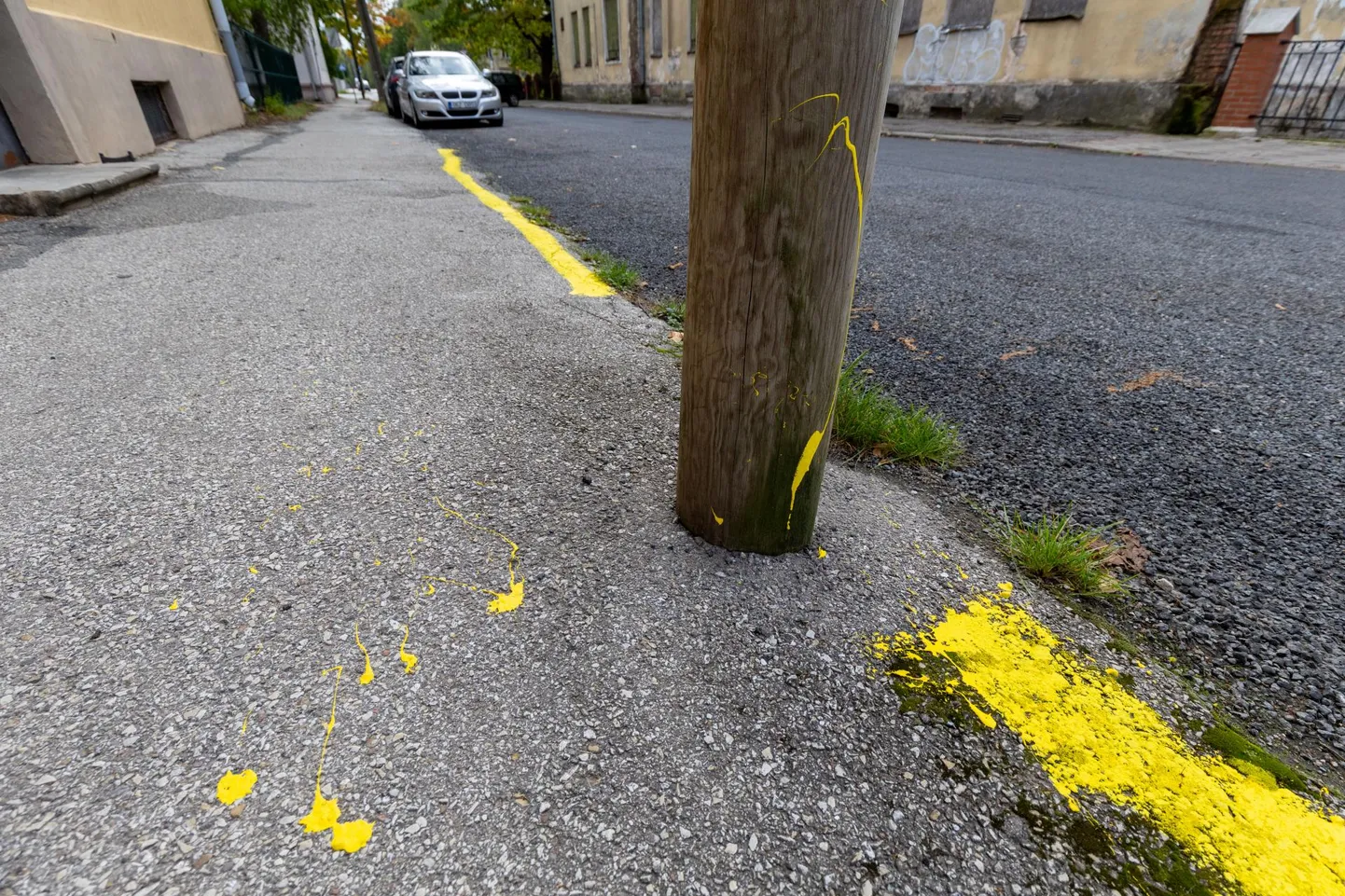 Peetri tänaval on parkimise vastu võitleja kollase joone maha tõmmanud sellise hooga, et värvi on pritsinud ka tänavavalgustuspostile. 
