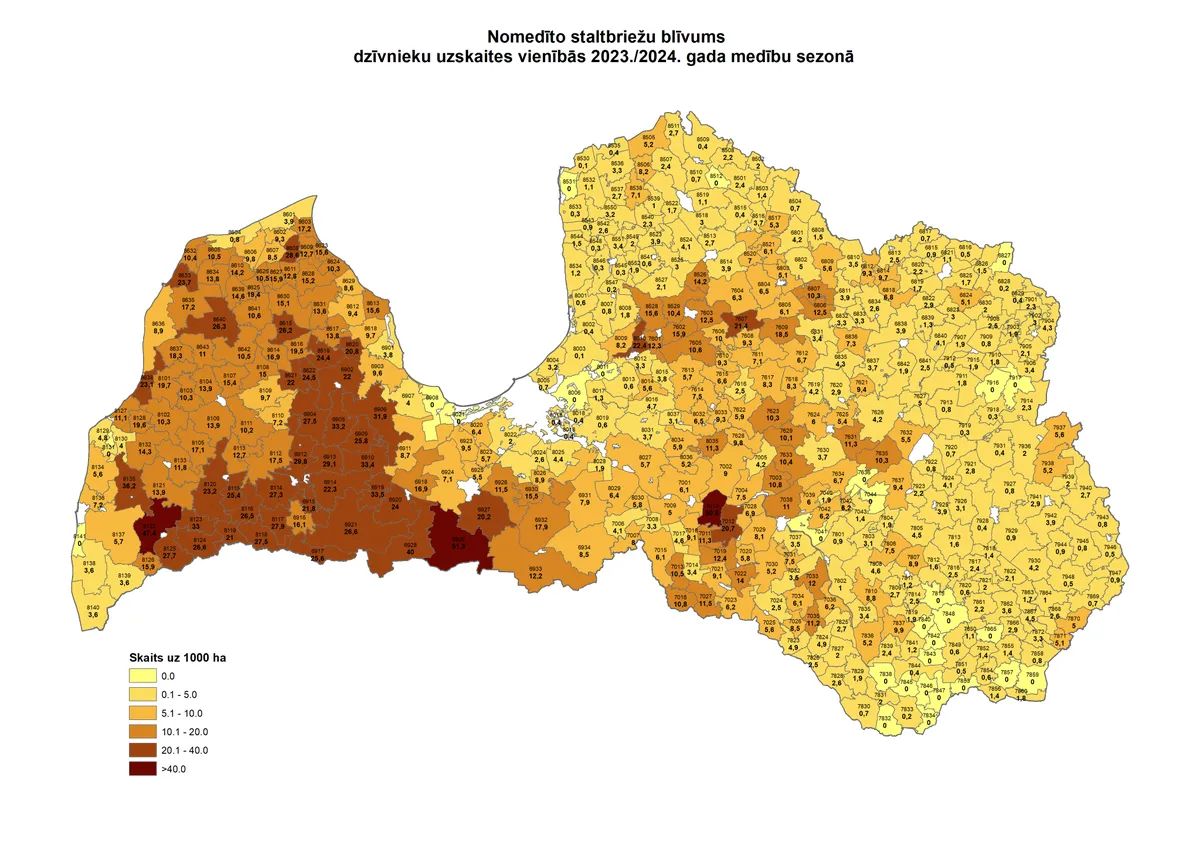 Nomedīto staltbriežu blīvums 2023.-2024. gada medību sezonā.