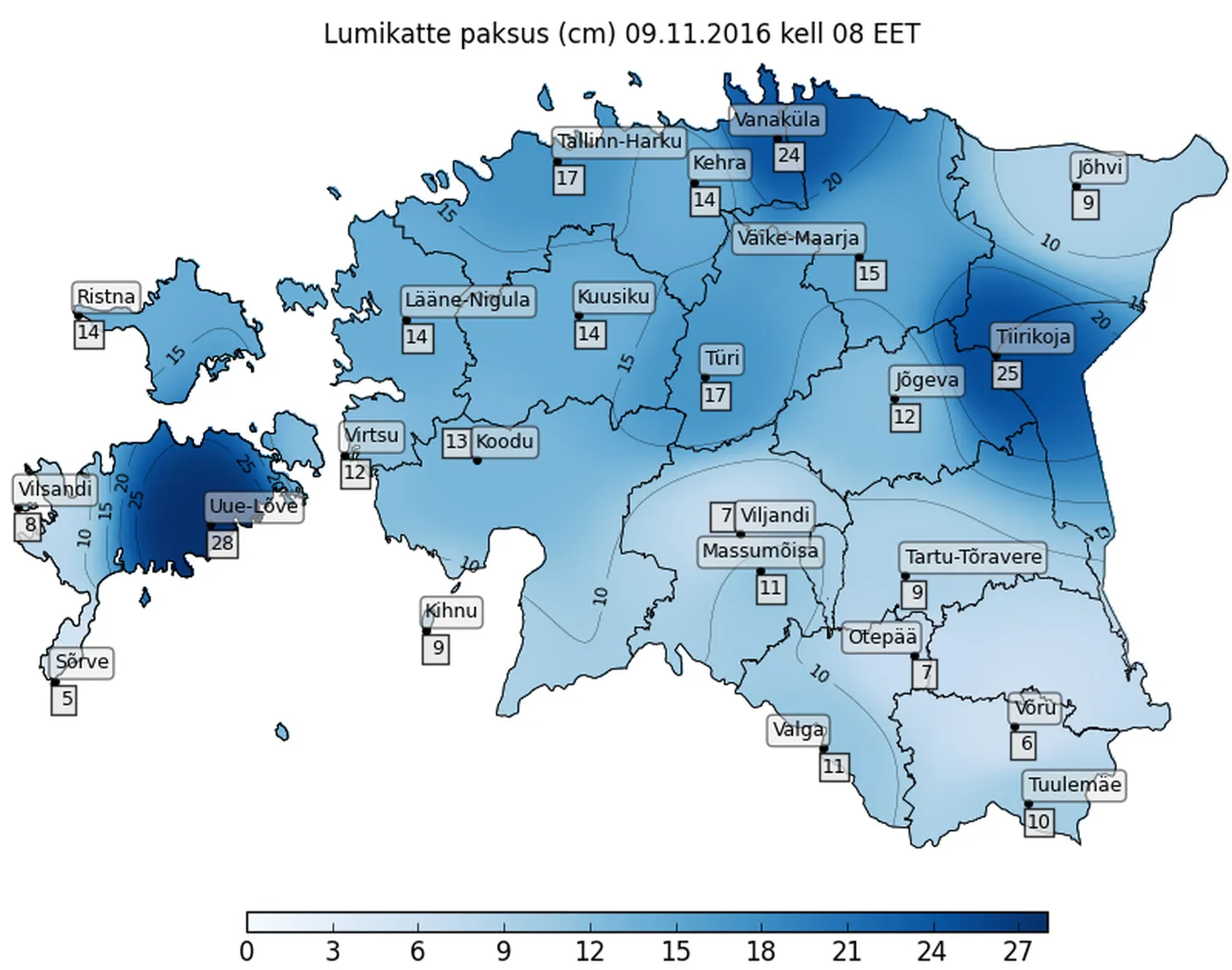 Lumikatte paksuse kaart kolmapäeva, 9. novembri hommikul.