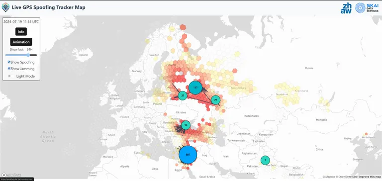 Eesti piiri ääres on ka praegu kõige suuremad GPS-signaali häired, näitab Šveitsis toimetatav GPS-häirete kaart.