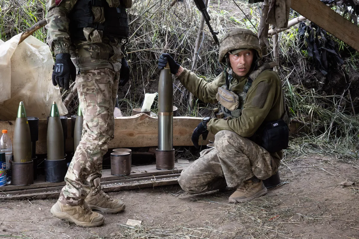 Marinka, Donbas. The 79th Air Assault Brigade's artillery battery using a British-supplied 105mm L119 howitzer near Marinka.
