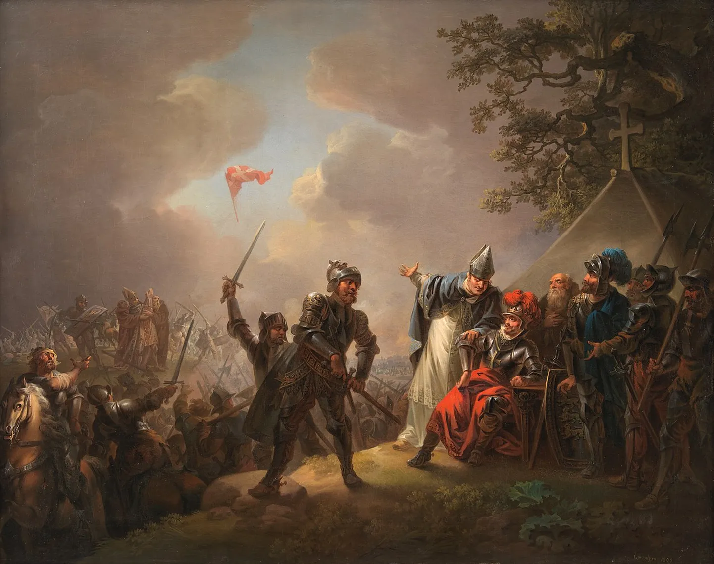 Dannebrog langeb taevast Lindanise lahingu ajal. Maali autor C.A. Lorentzen (1809).