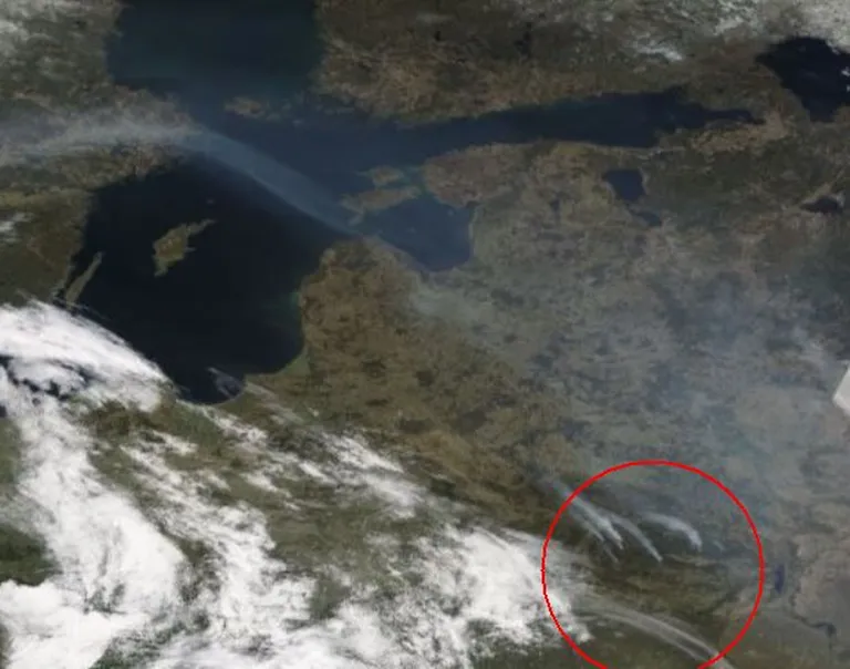 Фото со спутника, которое показывает распространяемый в среду дым от пожара в Белоруссии.
