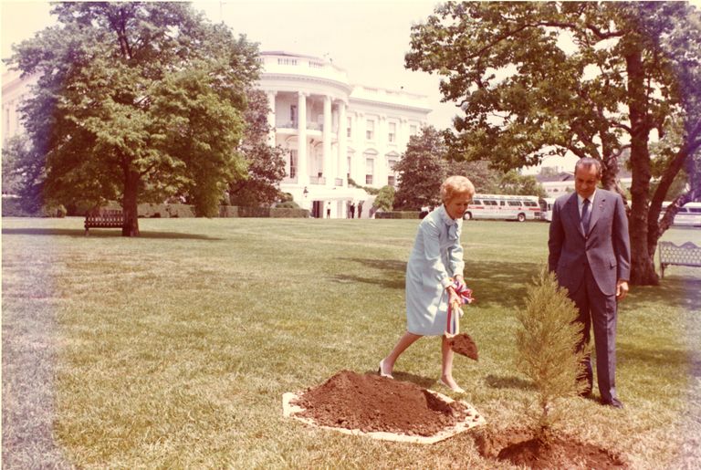 Ameerika Ühendriikide president Richard Nixon koos esileedi Pat Nixoniga istutamas puud esimese Maa päeva puhul 1970. aastal.