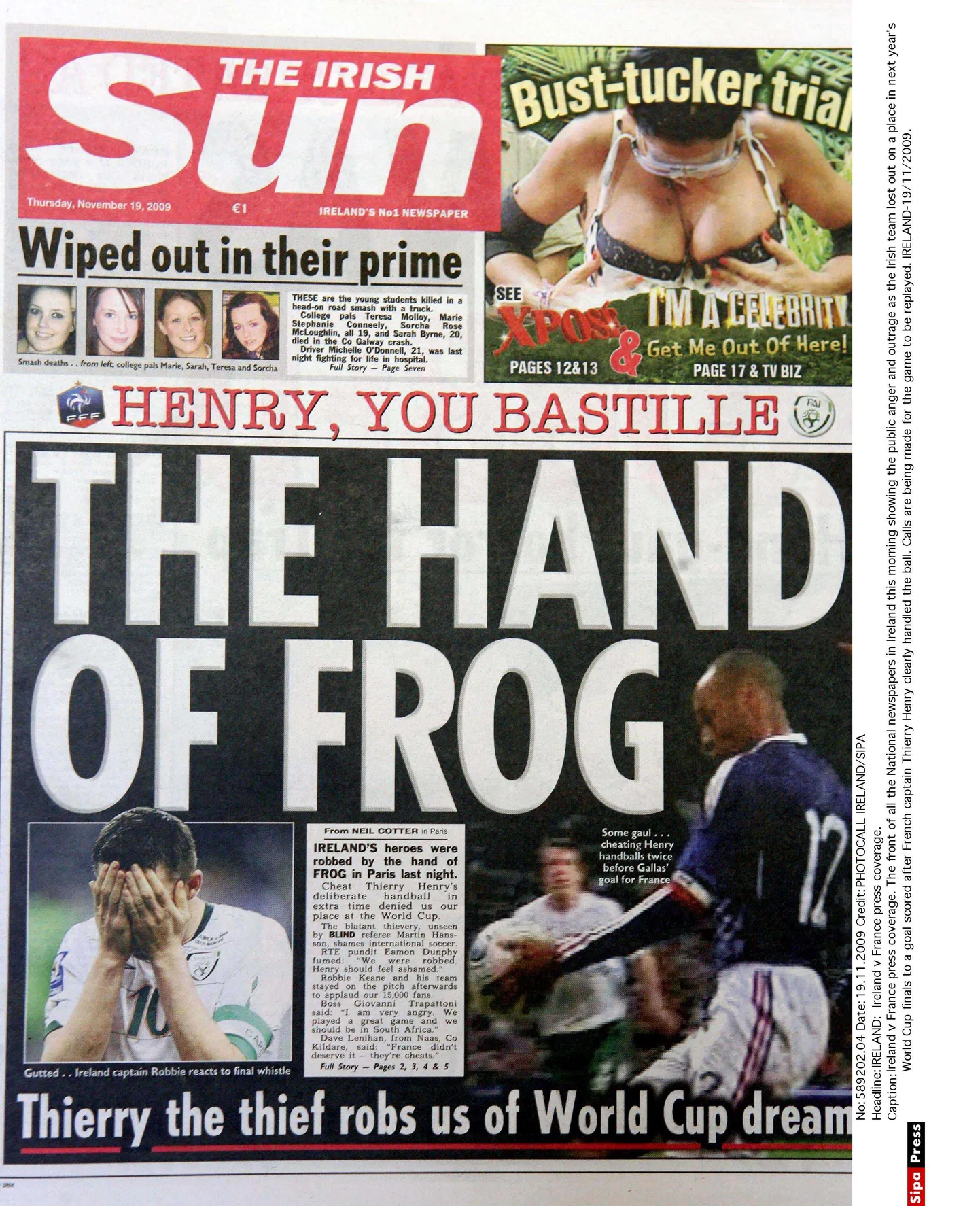 Iirimaa ajalehe The Sun esikaas pärast Thierry Henry käega mängu