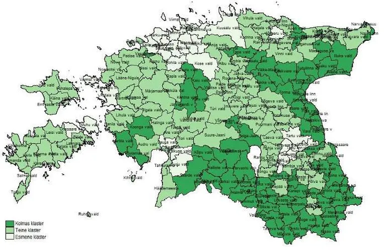 Esimesse klastrisse (valge) kuuluvates omavalitsustes on keskmisest madalam noorte tõrjutusrisk ja positiivsem sotsiaalmajanduslik olukord ning kolmanda klastri (roheline) omavalitsustes on keskmiselt kõrgem tõrjutusrisk ja negatiivsem sotsiaalmajanduslik olukord. Analüüsi tulemusena jagunevad kohalikud omavalitsused järgmiselt: 1. klaster – 32 KOVi, kus elab 54,3% noortest; 2. klaster - 99 KOVi, 27,3% noortest; 3. klaster – 83 KOVi, 18,4% noortest. 
Omavalitsuste grupid moodustusid tõrjutusriski iseloomustavate ja omavalitsustes noorte kohta olevate andmete (toimetulekutoetust saanud laste osakaal, koolikohustuslikus eas koolikohustuse mittetäitjate osakaal, noorte töötute osakaal, alaealiste komisjoni suunatute osakaal, laste suhtelise vaesuse määr) põhjal.