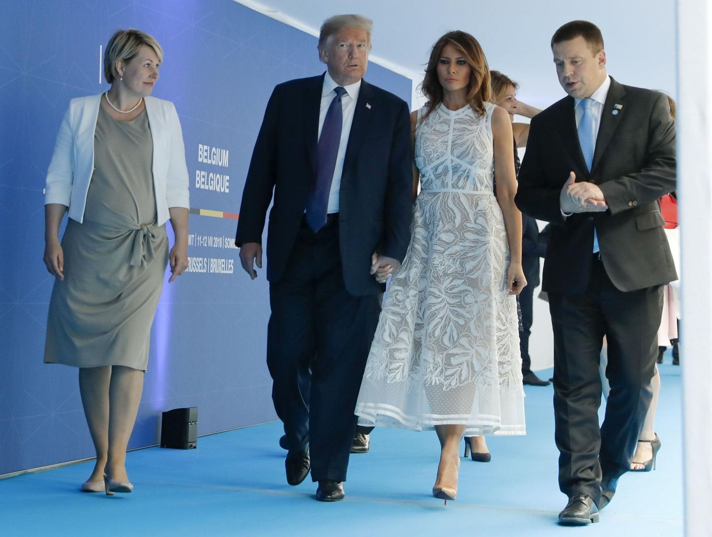 Karin Ratas, Donald Trump, Melania Trump ja Jüri Ratas mullu juulis Brüsselis peetud NATO tippkohtumisel. FOTO: Yves Herman/AP/Scanpix