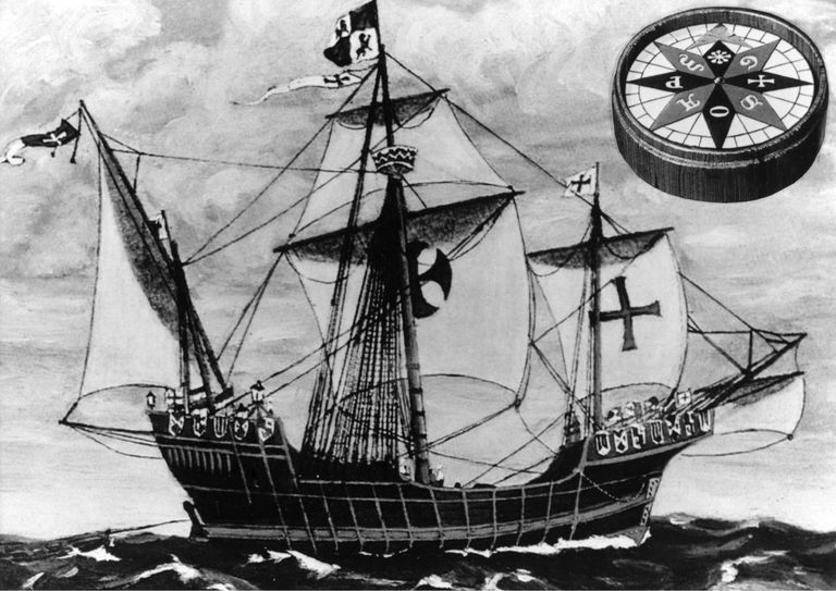 Christoph Kolumbuse lipulaev Santa Maria, pildil on ka 14. - 15. sajandil kasutusel olnud kompass.