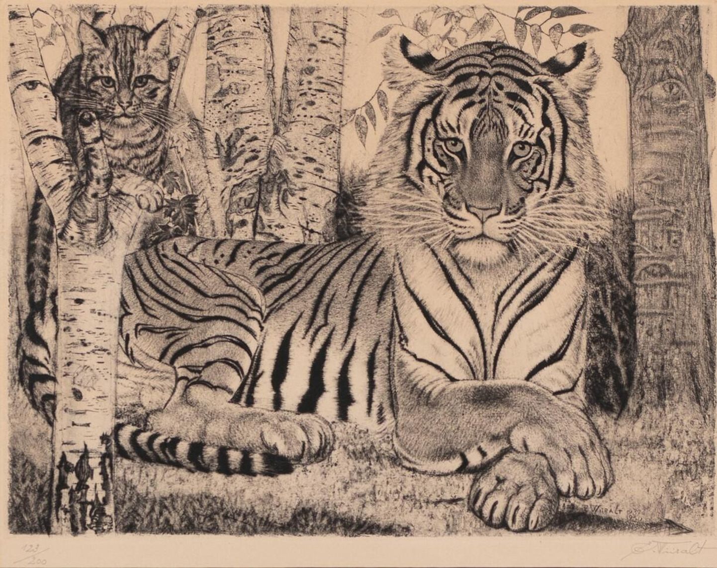 Eduard Wiiralt (1898–1954). «Tiiger kassiga», 1937–1950. Pehmelakk, kuivnõel. 29,8 × 39,5 cm. Müüdud Haus Galeriis 23 200 euroga (alghind 7 800 eurot).