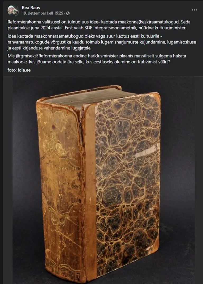 Rea Rausi facebookipostitus maakonnaraamatukogude kohta.
