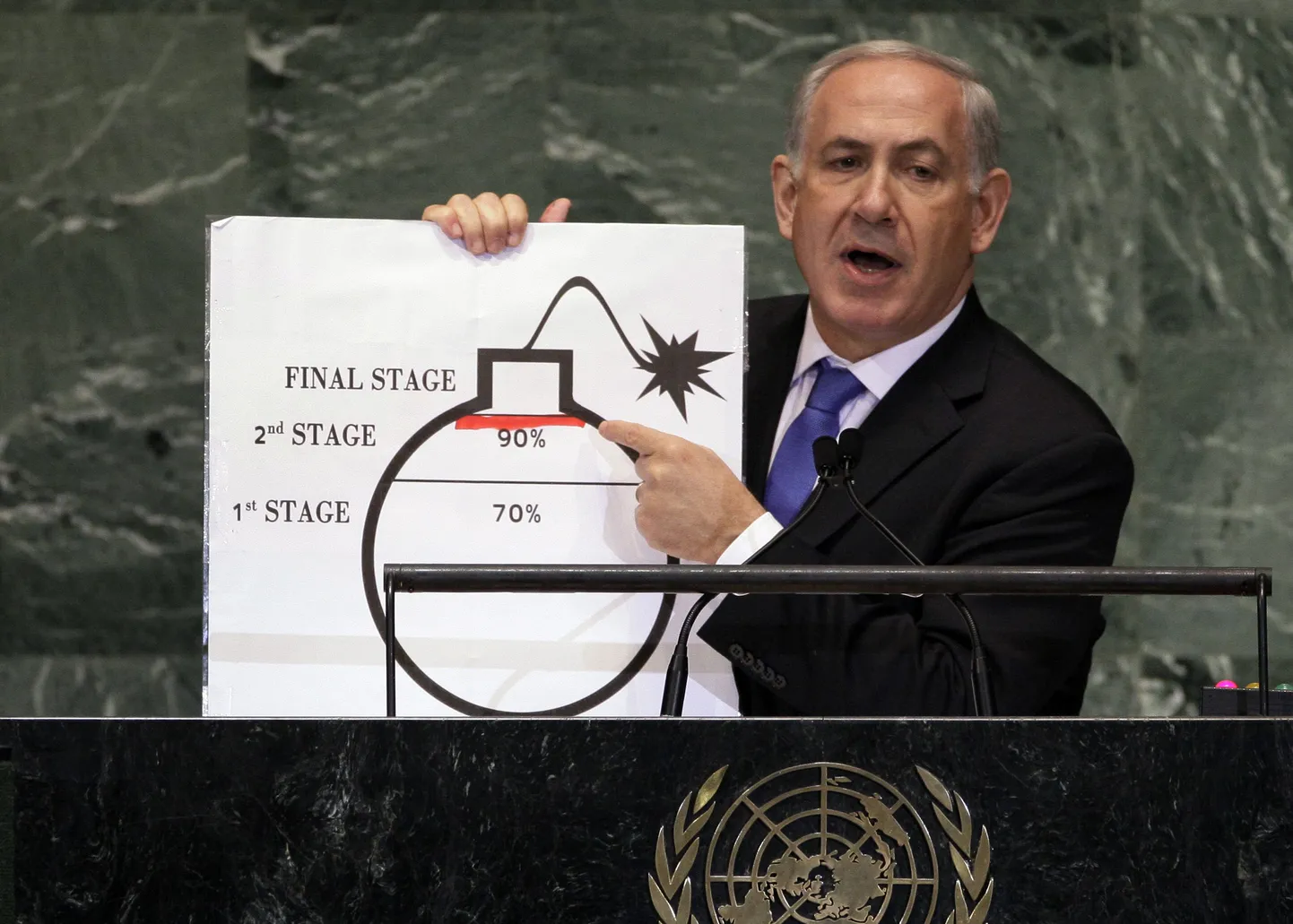 File - In this Sept. 27, 2012 file photo, Prime Minister Benjamin Netanyahu of Israel shows an illustration as he describes his concerns over Iran's nuclear ambitions during his address to the 67th session of the United Nations General Assembly at U.N. headquarters. Israeli Prime Minister Benjamin Netanyahu provided the U.N. with a memorable moment with a cartoon bomb a year ago, and he can be expected to again call for a hard line against Iran's nuclear program backed by the credible threat of force. But the goalposts have moved a little: some at the General Assembly's annual meeting will be calling for a more nuanced approach by the world in response to the emergence of a moderate Iranian president. (AP Photo/Richard Drew, File) / SCANPIX Code: 436