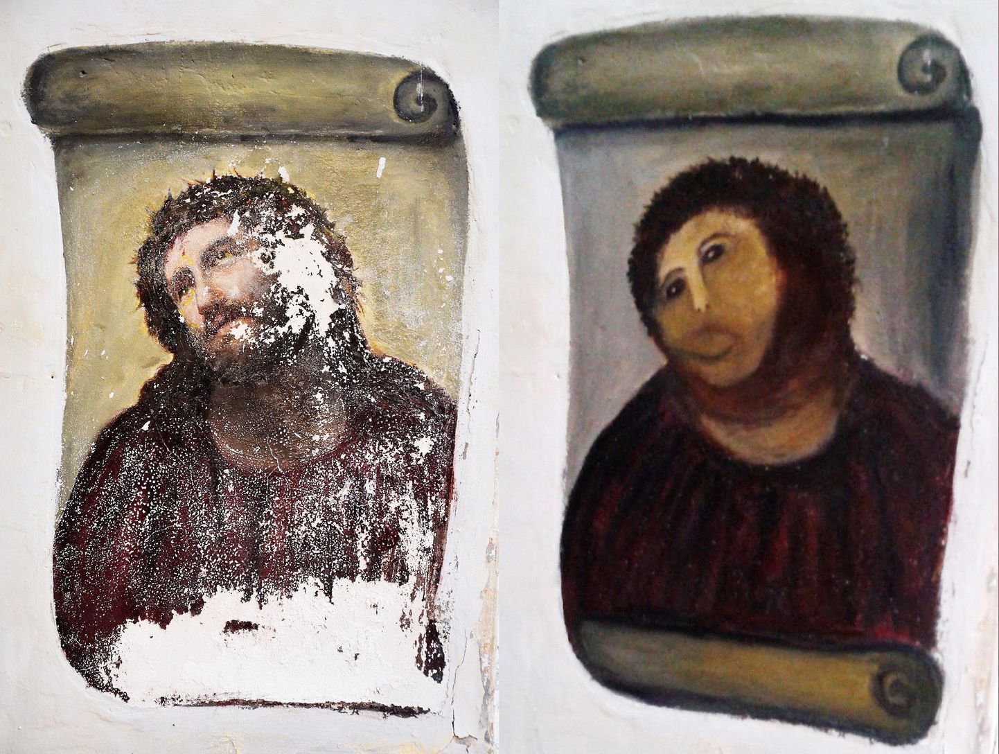 100 aasta vanune fresko «Ecce Homo», millel on kujutatud Jeesust. Pärast «restaureerimist» muutus Jeesus ahvi sarnaseks