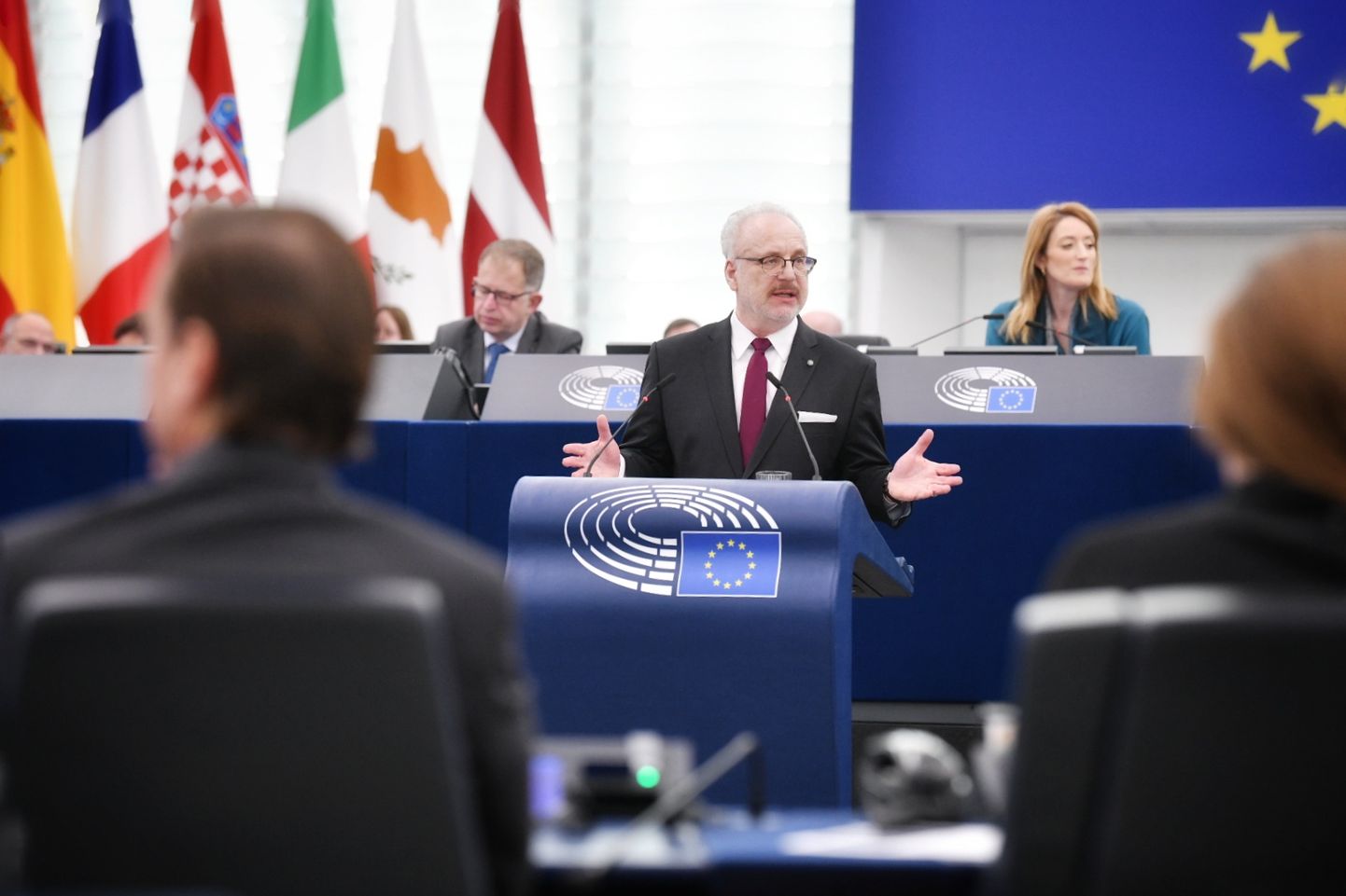 Valsts prezidents Egils Levits uzrunā Eiropas Parlamenta deputātus Strasbūrā