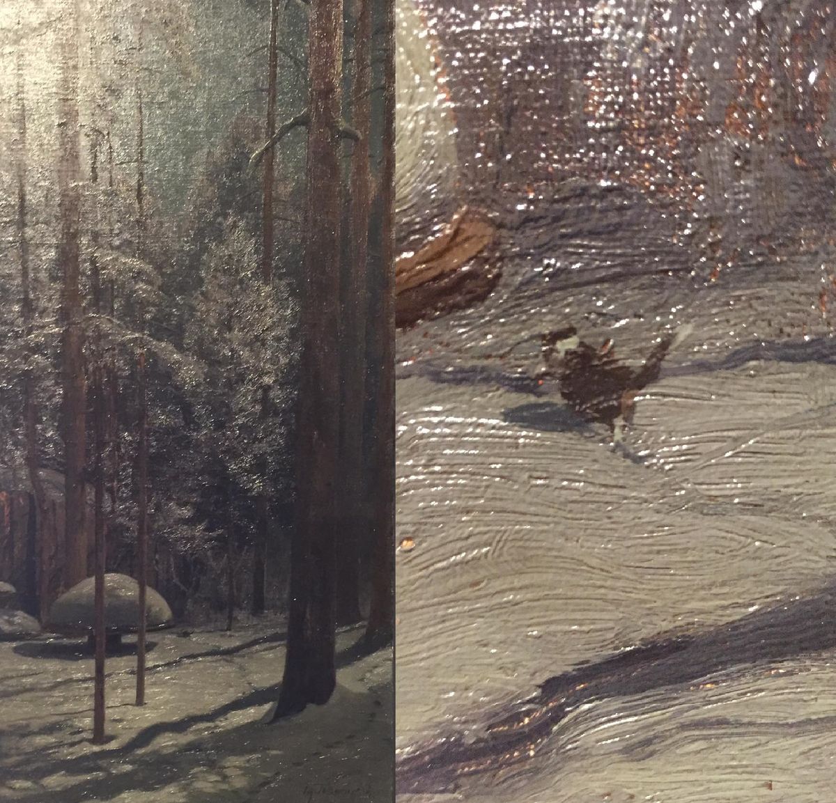 Оскар Гофман, «Зимний пейзаж». Справа — фрагмент картины: все-таки кошка или собака?